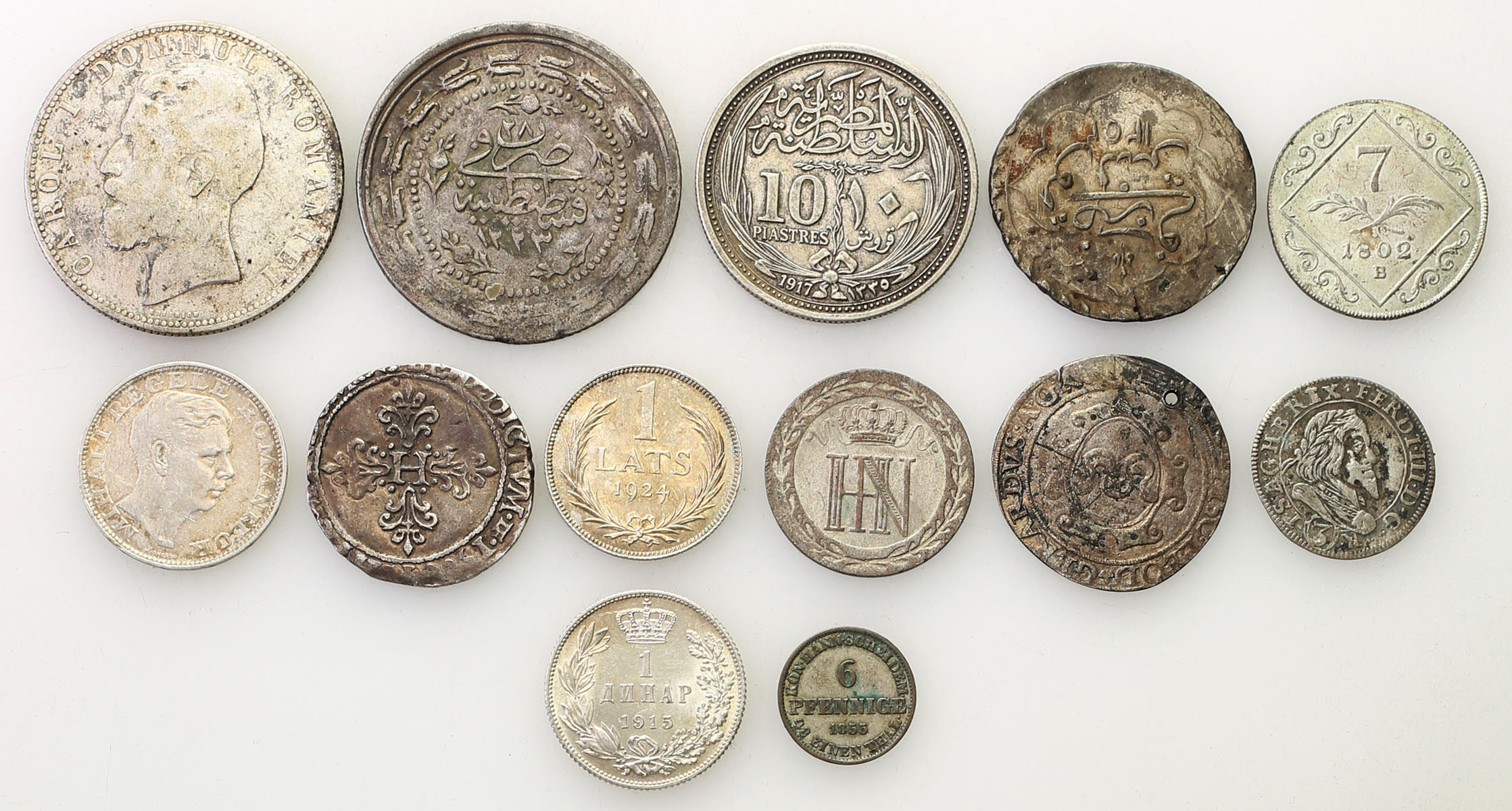 Świat – Austria, Niemcy, Rumunia, Francja, Łotwa, Egipt, zestaw 13 monet - SREBRO